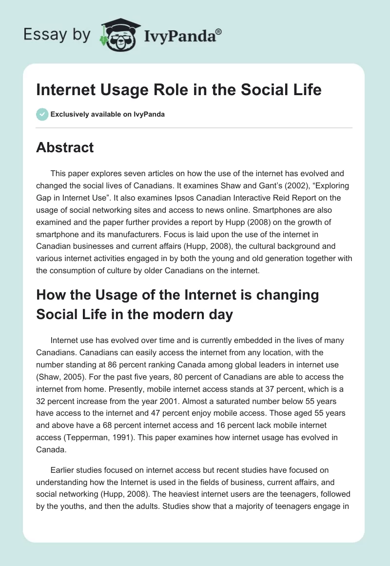 Internet Usage Role in the Social Life. Page 1