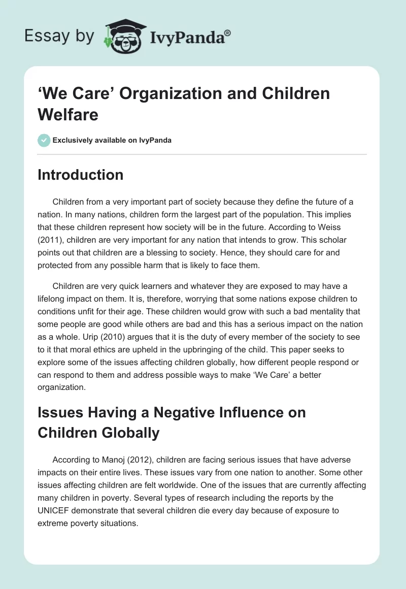 ‘We Care’ Organization and Children Welfare. Page 1