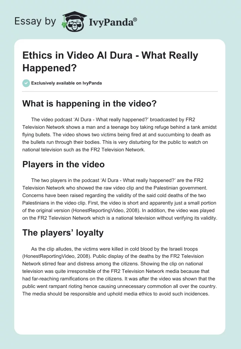 Ethics in Video "Al Dura - What Really Happened?". Page 1