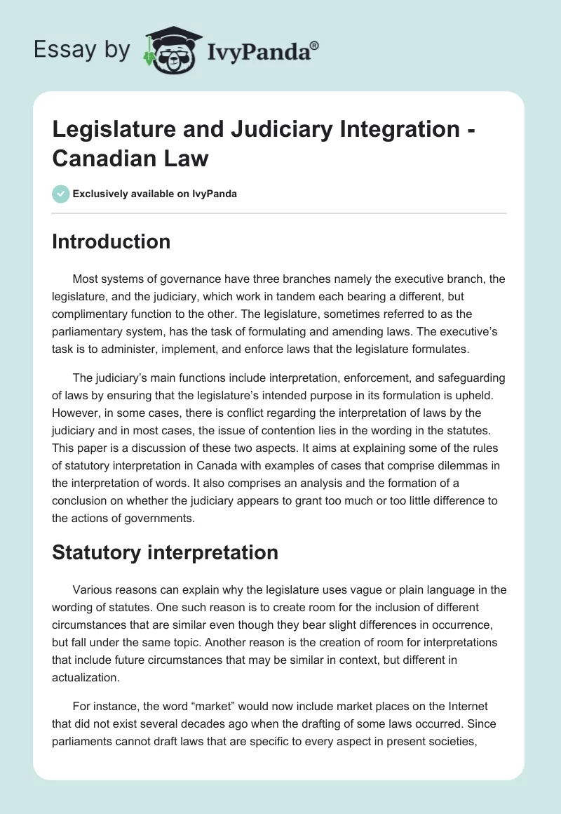 Legislature and Judiciary Integration - Canadian Law. Page 1