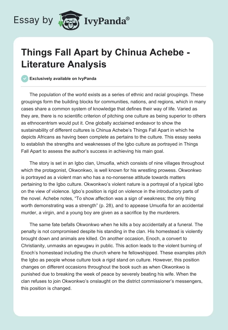 Things Fall Apart by Chinua Achebe - Literature Analysis. Page 1