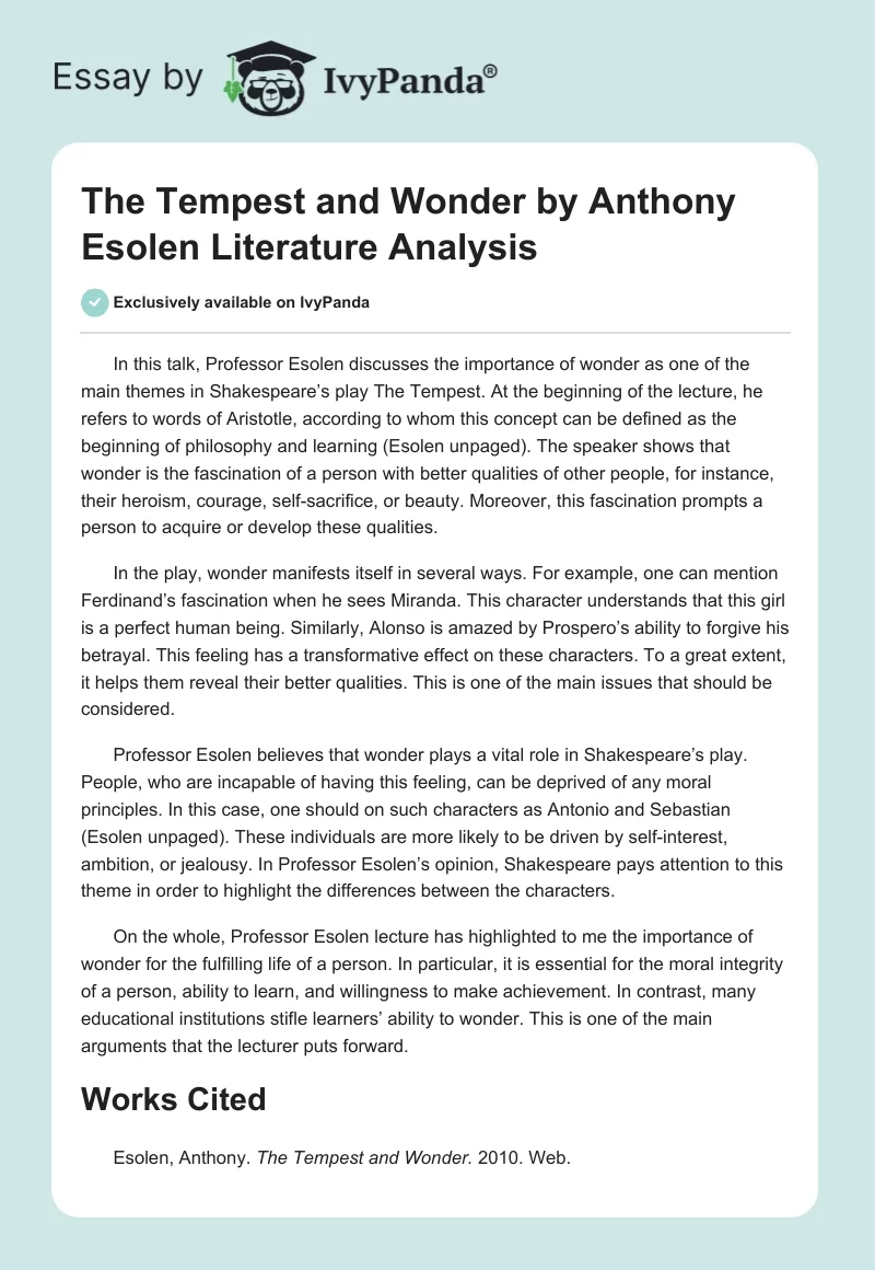 The Tempest and Wonder by Anthony Esolen Literature Analysis. Page 1