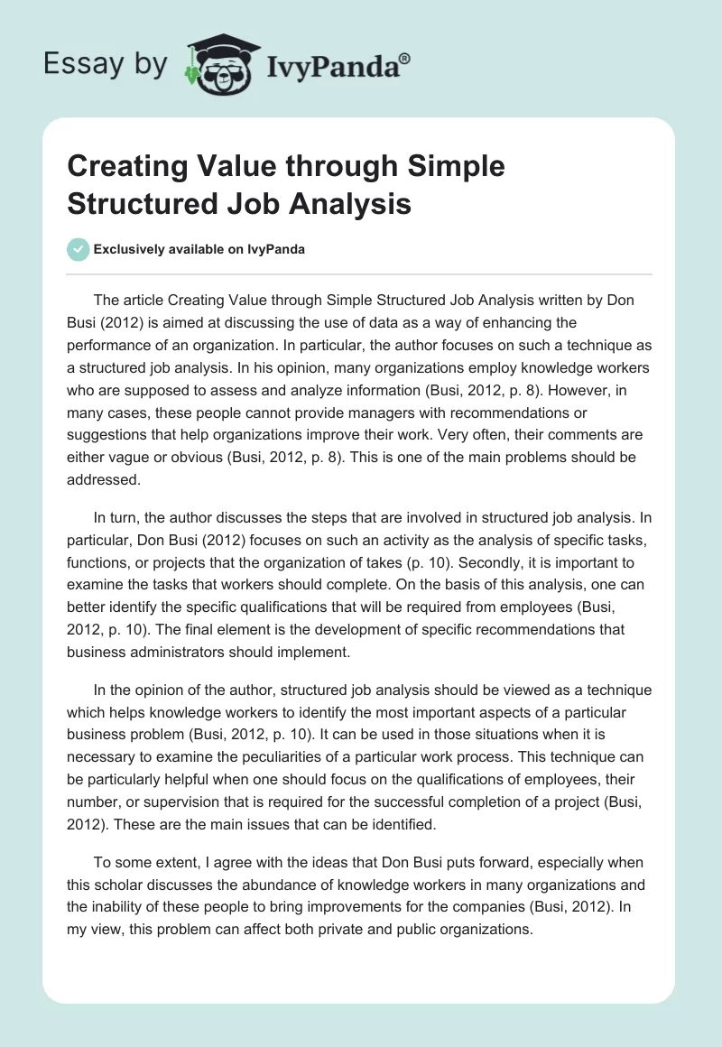 Creating Value through Simple Structured Job Analysis. Page 1