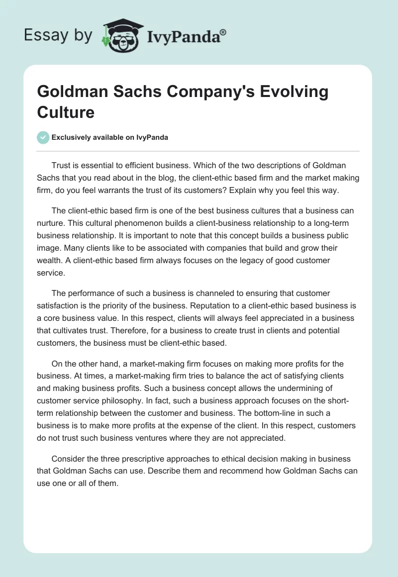 Goldman Sachs Company's Evolving Culture. Page 1