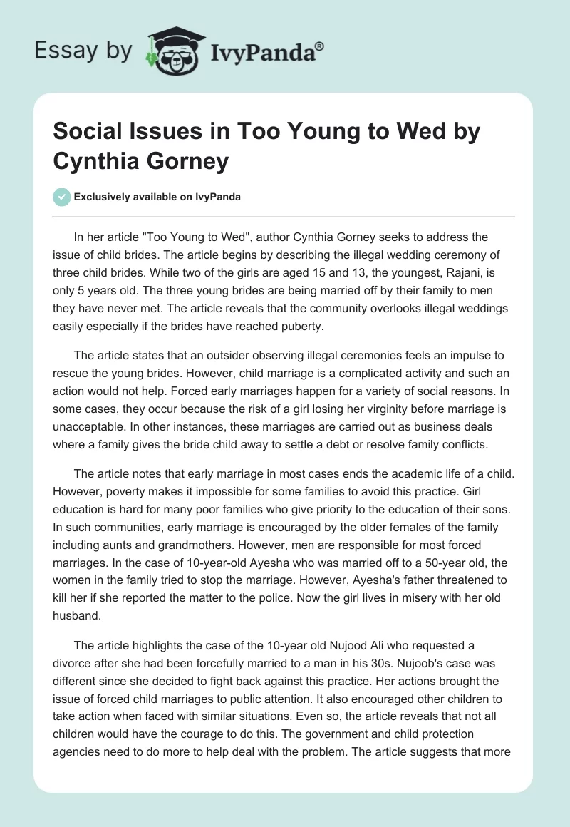 Social Issues in "Too Young to Wed" by Cynthia Gorney. Page 1