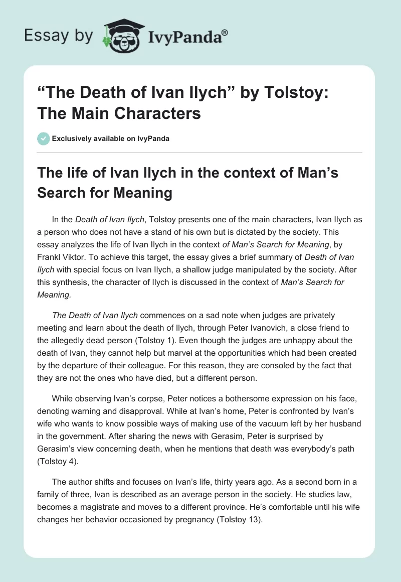 “The Death of Ivan Ilych” by Tolstoy: The Main Characters. Page 1