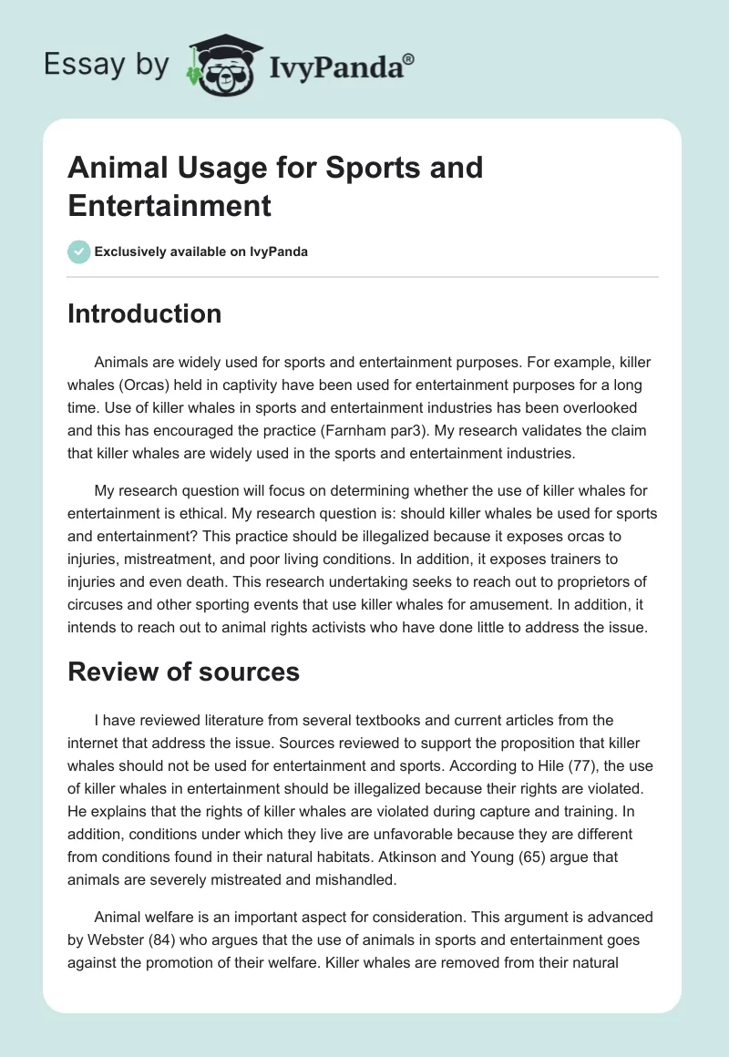 Animal Usage for Sports and Entertainment. Page 1
