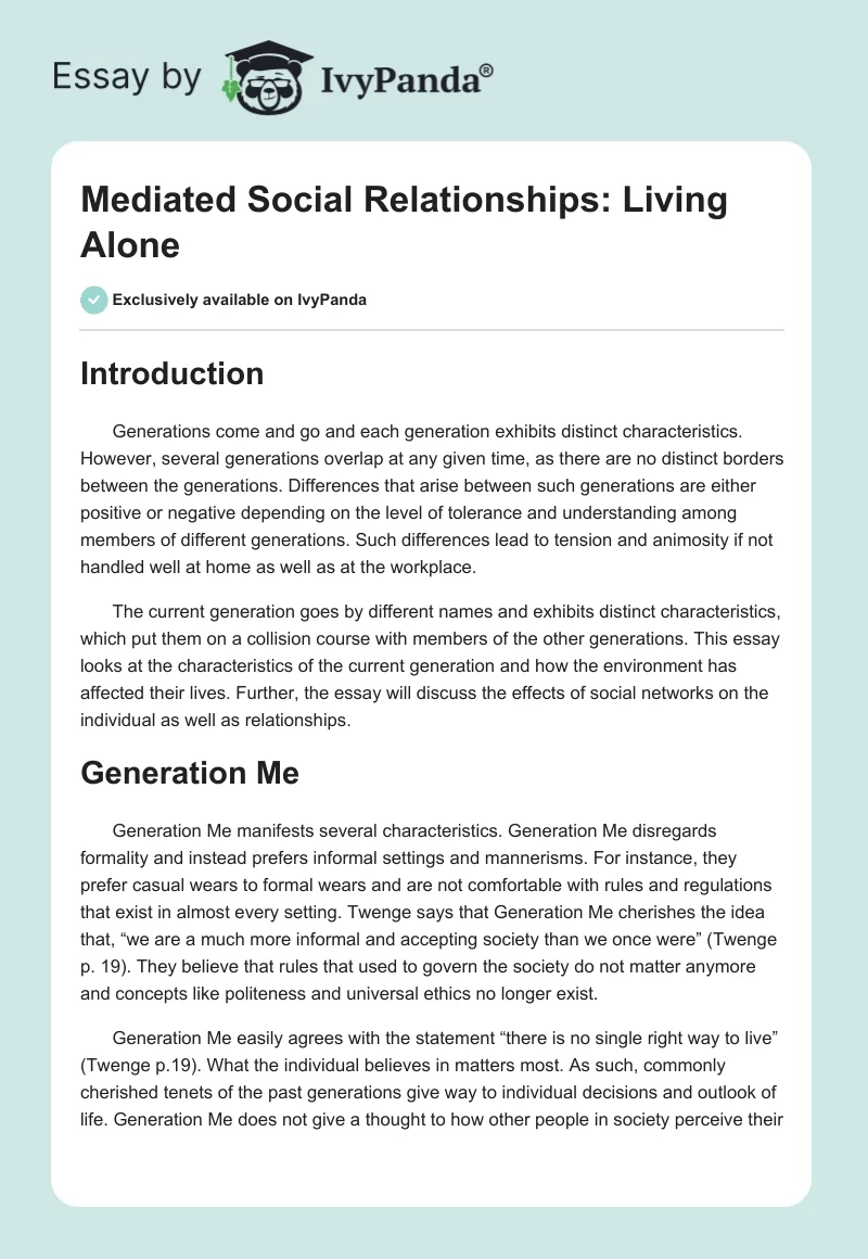 Mediated Social Relationships: Living Alone. Page 1