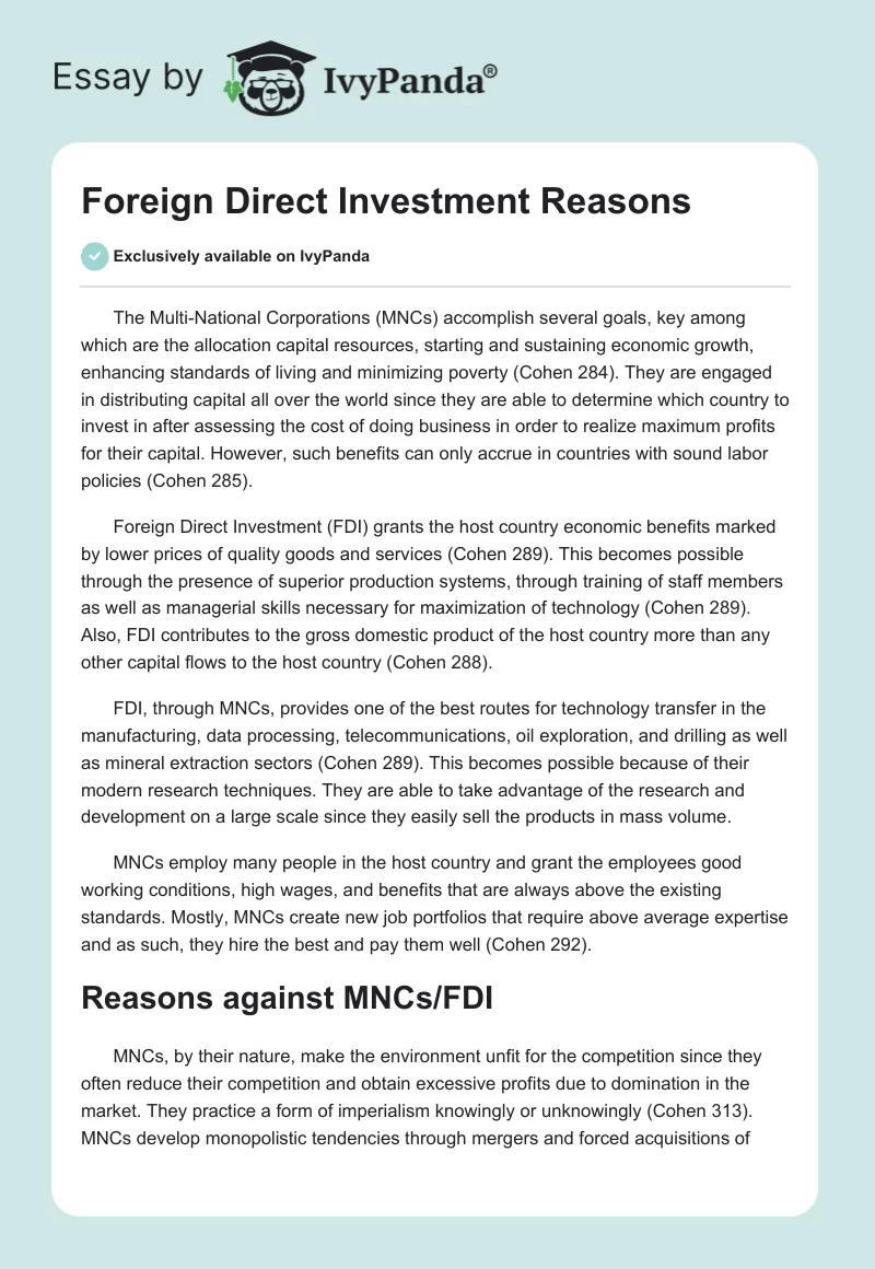 Foreign Direct Investment Reasons. Page 1