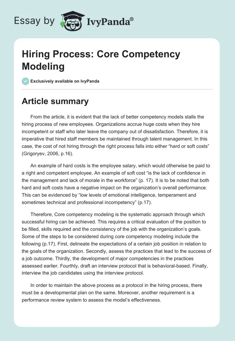 Hiring Process: Core Competency Modeling. Page 1