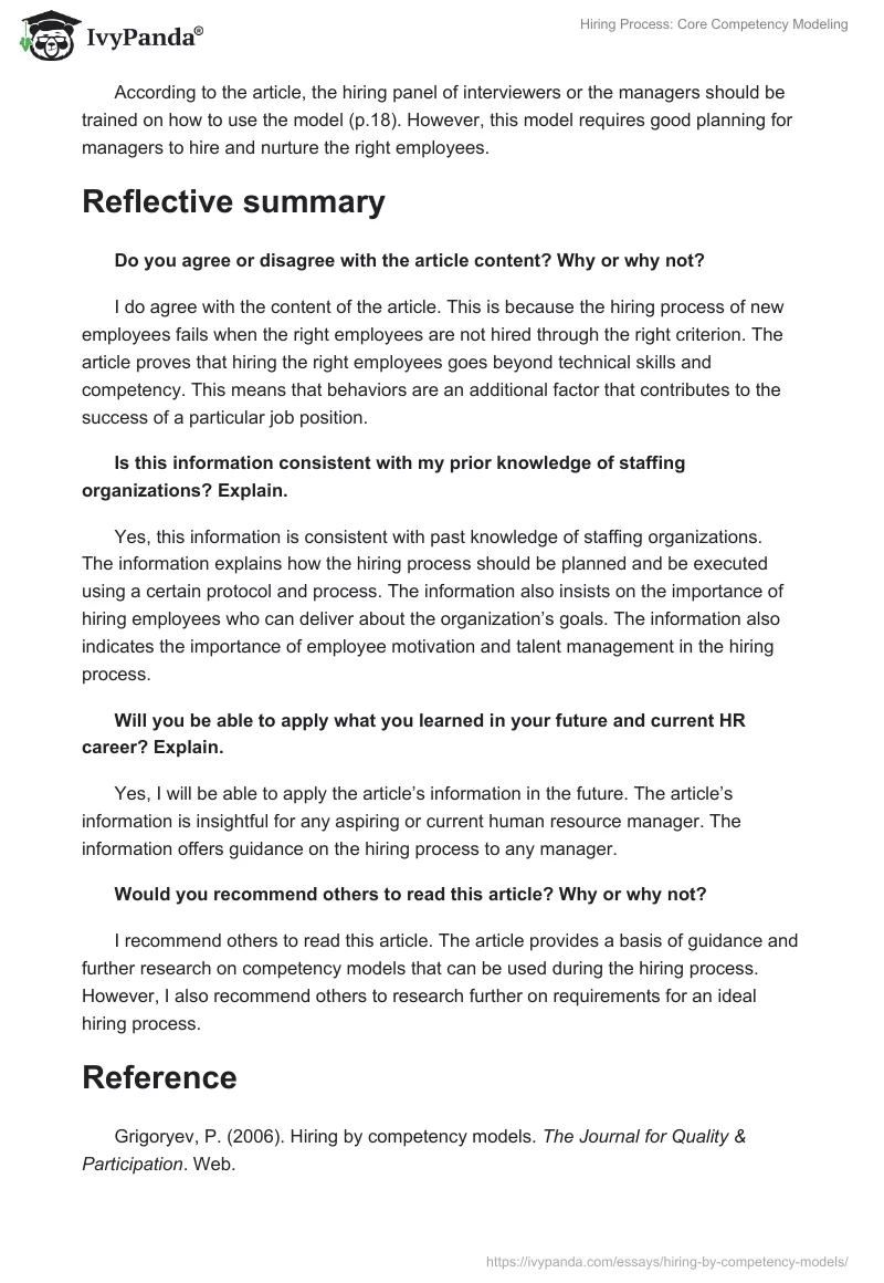 Hiring Process: Core Competency Modeling. Page 2