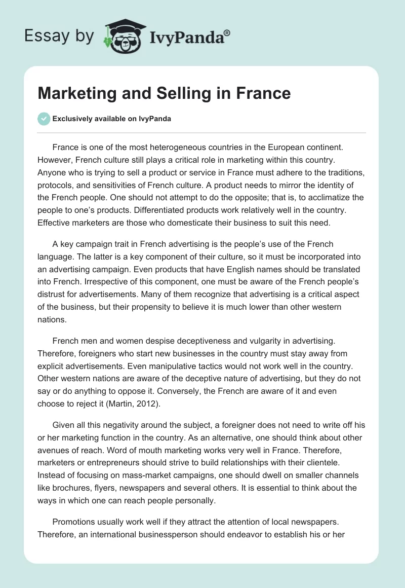 Marketing and Selling in France. Page 1
