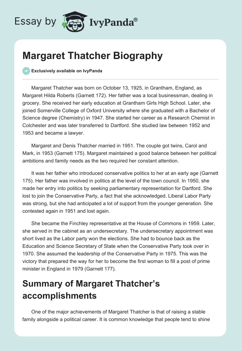 Margaret Thatcher Biography. Page 1