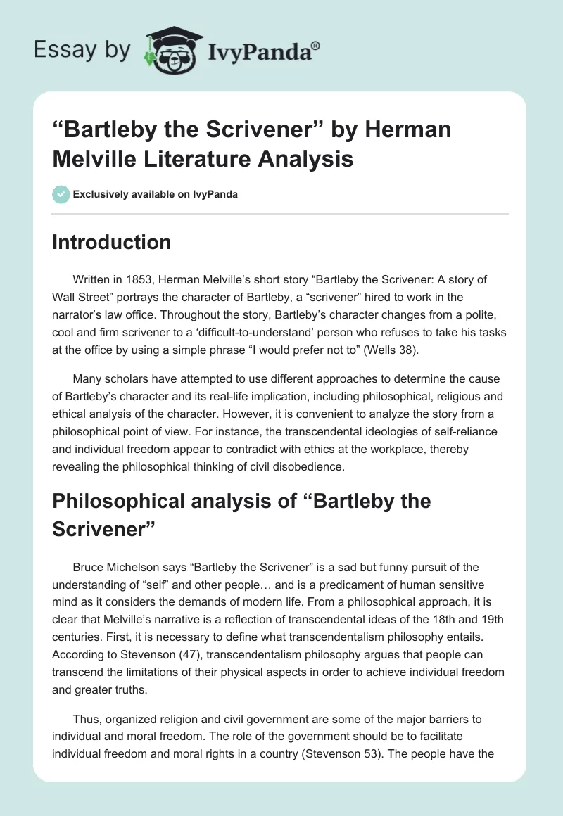 “Bartleby the Scrivener” by Herman Melville Literature Analysis. Page 1