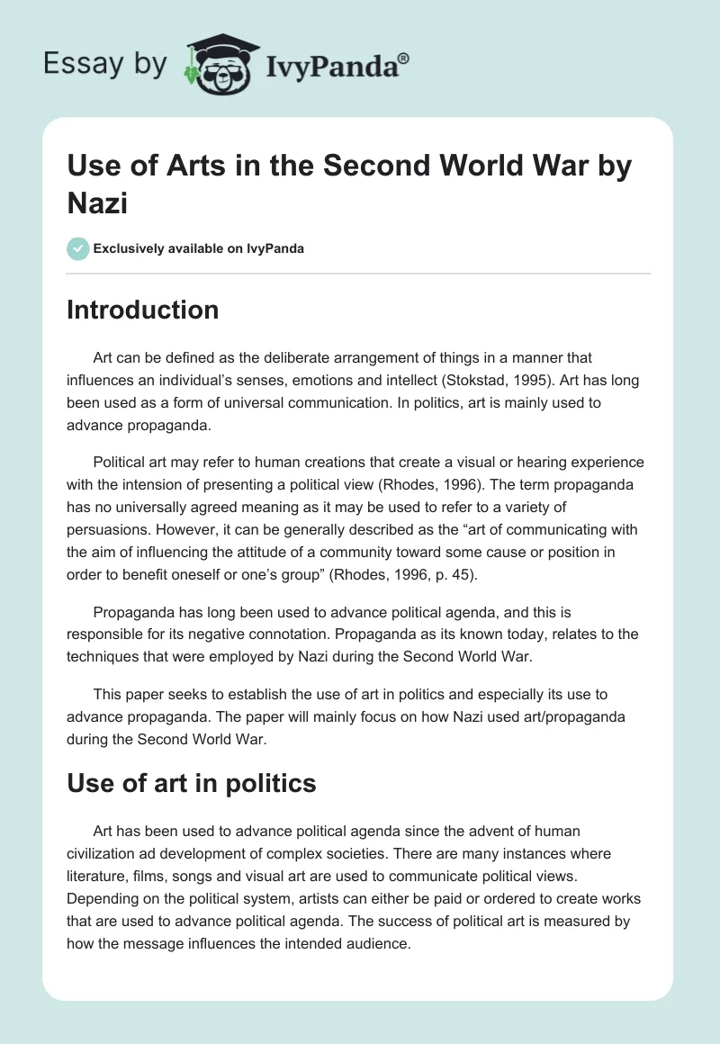 Use of Arts in the Second World War by Nazi. Page 1