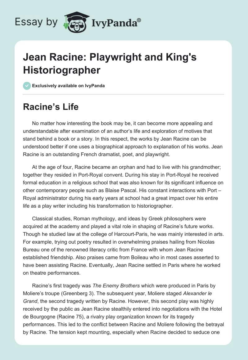 Jean Racine: Playwright and King's Historiographer. Page 1