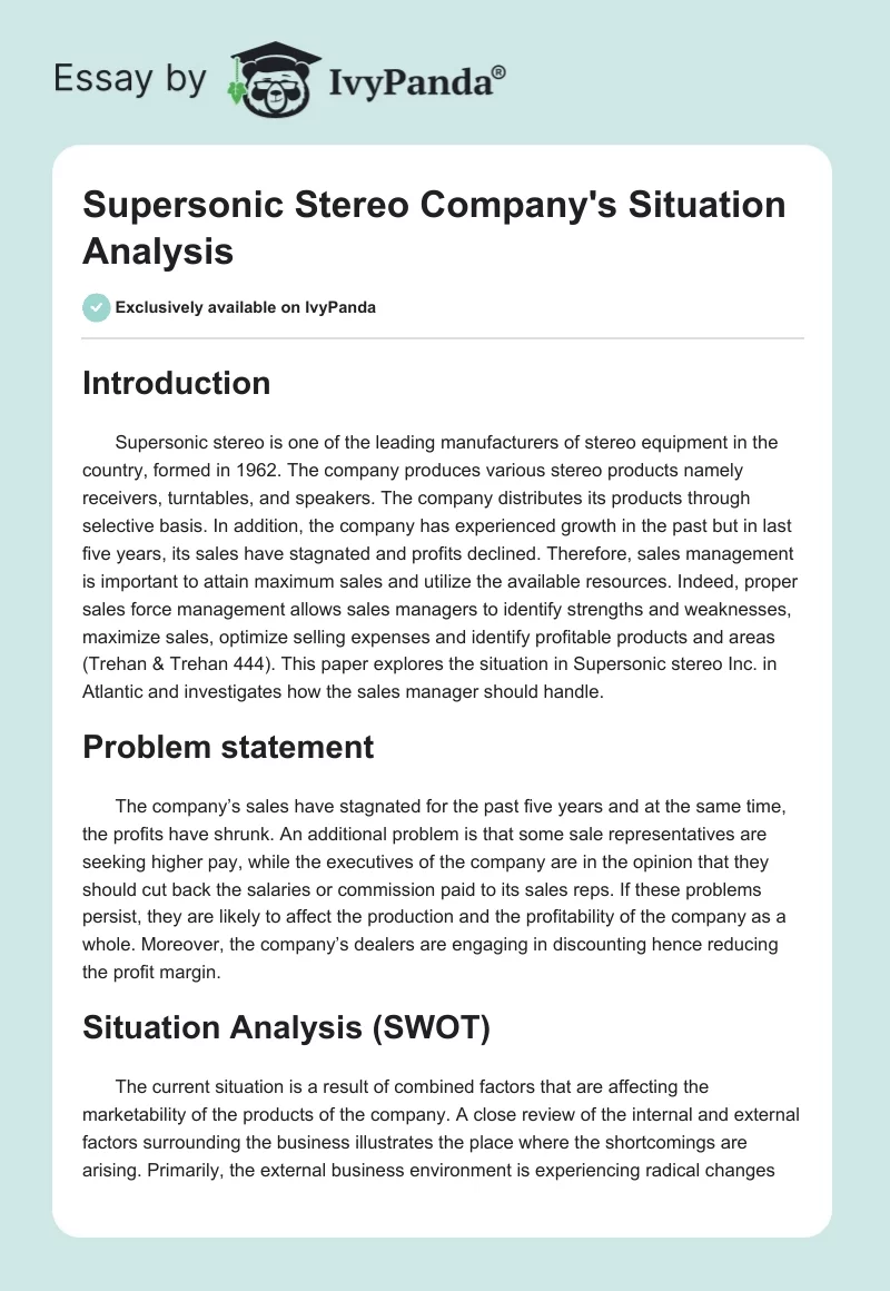 Supersonic Stereo Company's Situation Analysis. Page 1