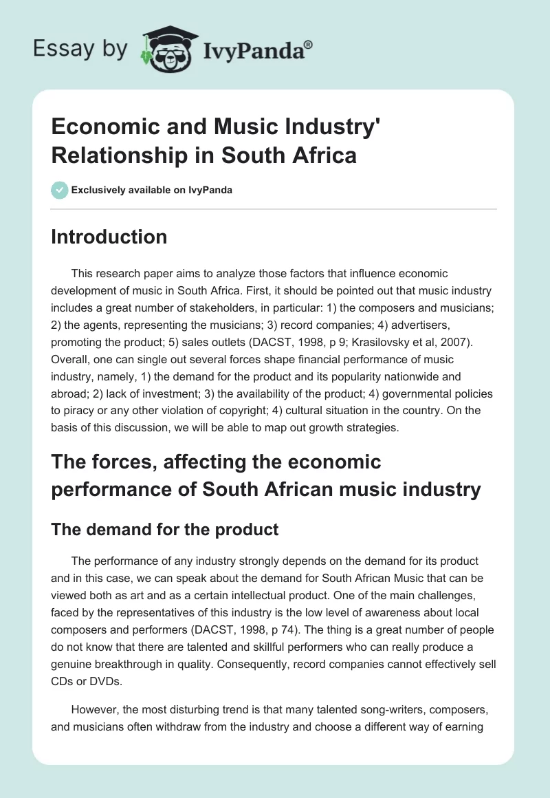Economic and Music Industry' Relationship in South Africa. Page 1