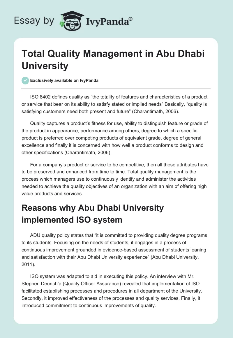 Total Quality Management in Abu Dhabi University. Page 1