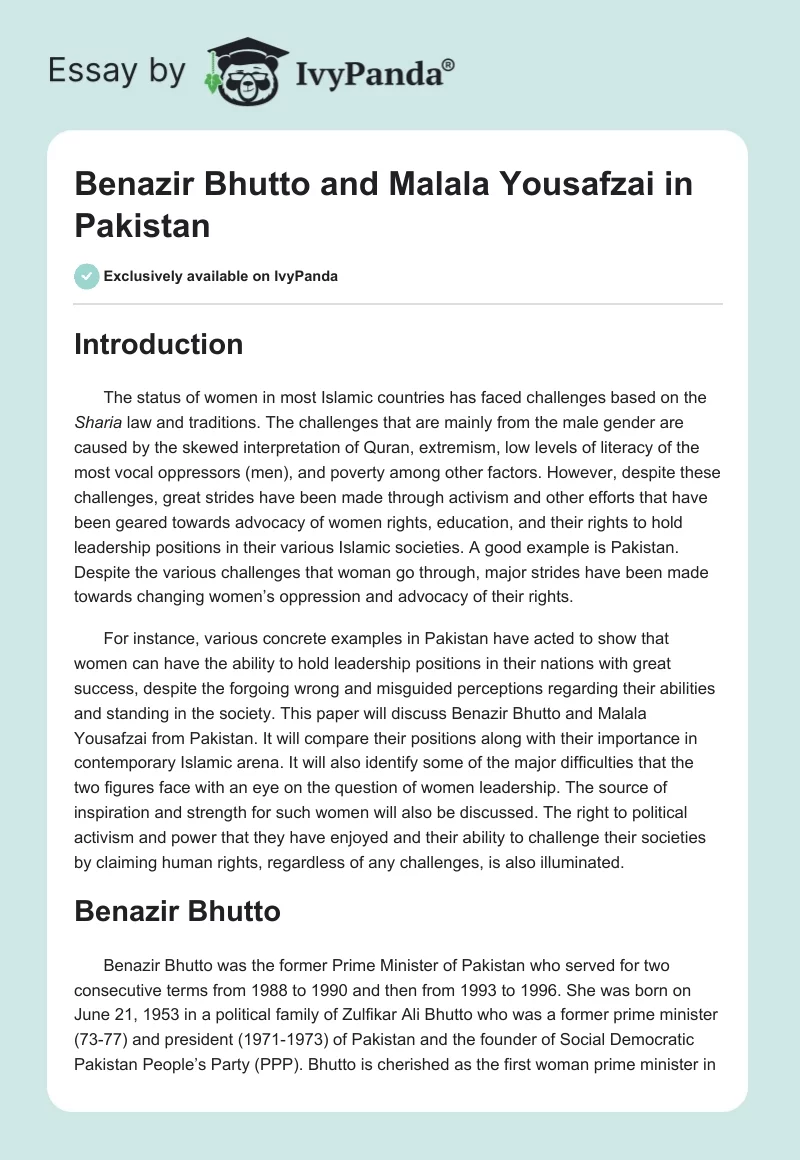 Benazir Bhutto and Malala Yousafzai in Pakistan. Page 1