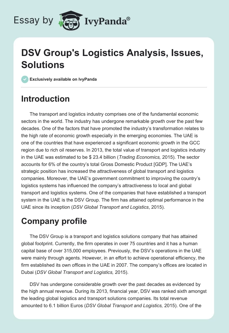 DSV Group's Logistics Analysis, Issues, Solutions. Page 1