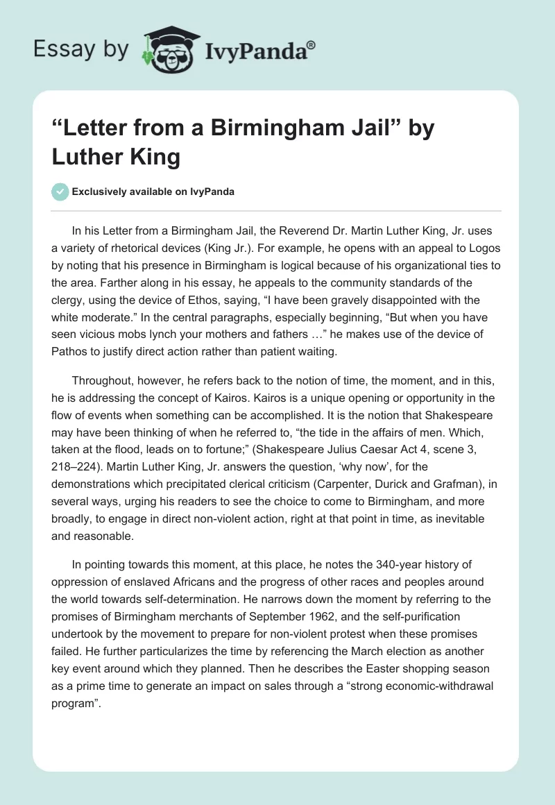 “Letter from a Birmingham Jail” by Luther King. Page 1
