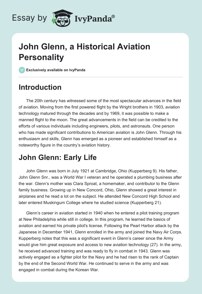 John Glenn, a Historical Aviation Personality. Page 1