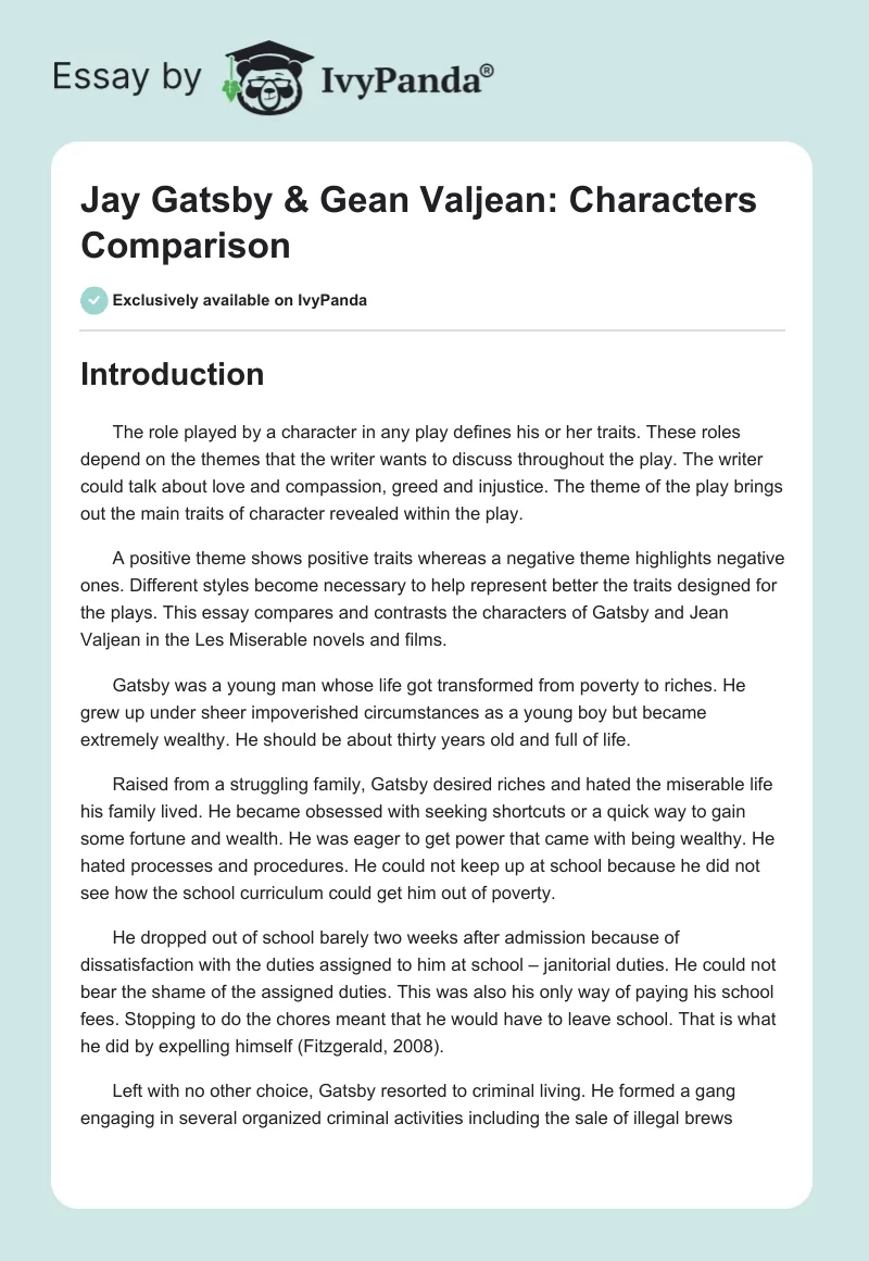 Jay Gatsby & Gean Valjean: Characters Comparison. Page 1