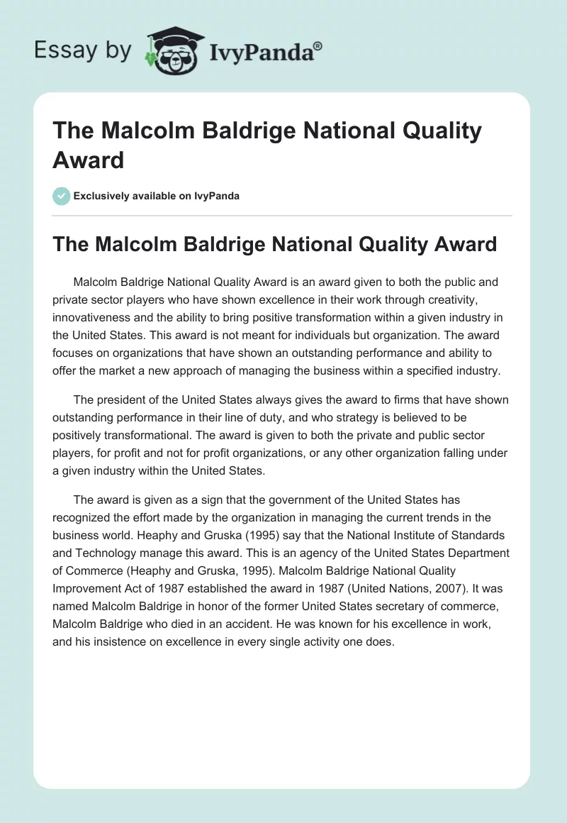 The Malcolm Baldrige National Quality Award. Page 1