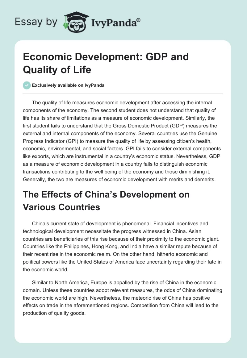 Economic Development: GDP and Quality of Life. Page 1