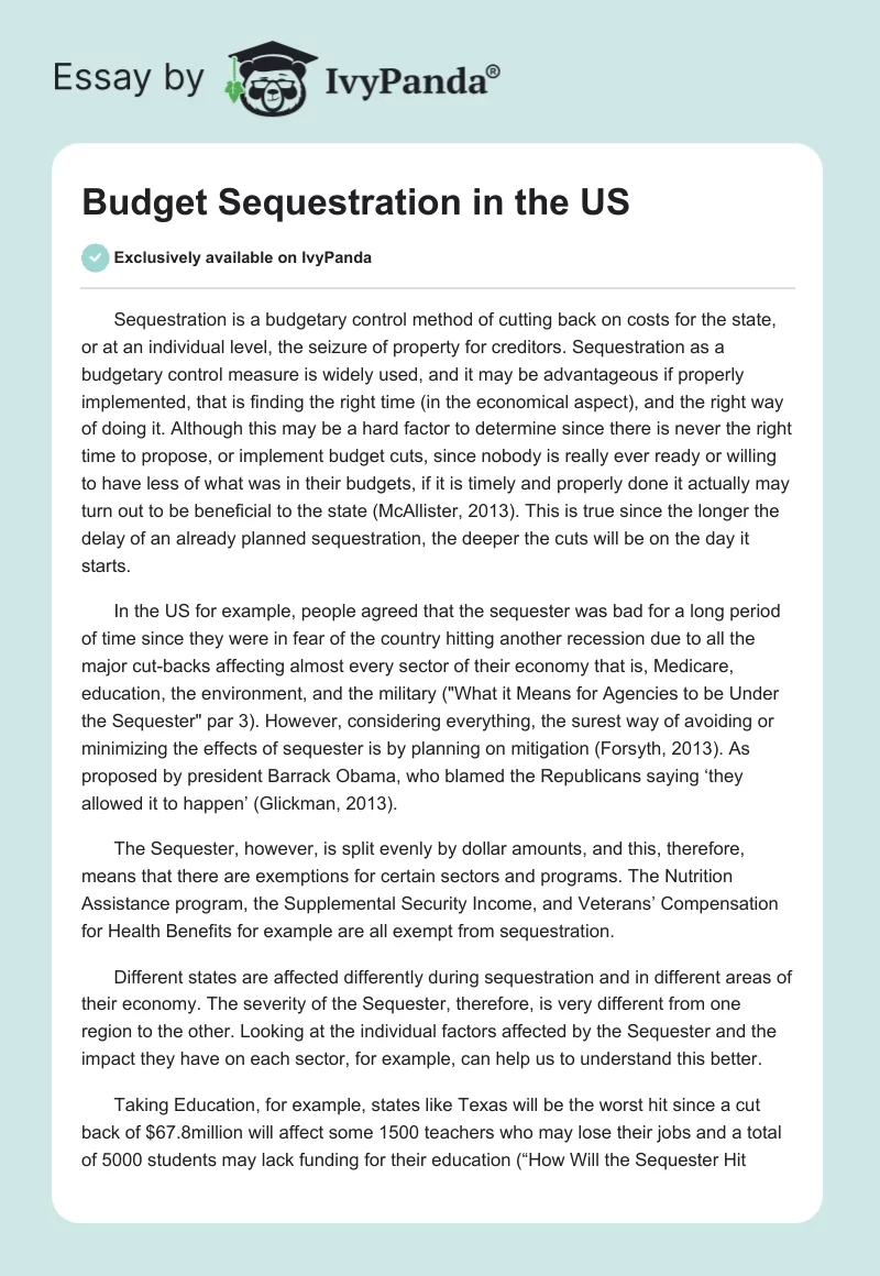 Budget Sequestration in the US. Page 1