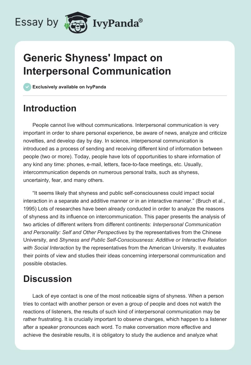 Generic Shyness' Impact on Interpersonal Communication. Page 1