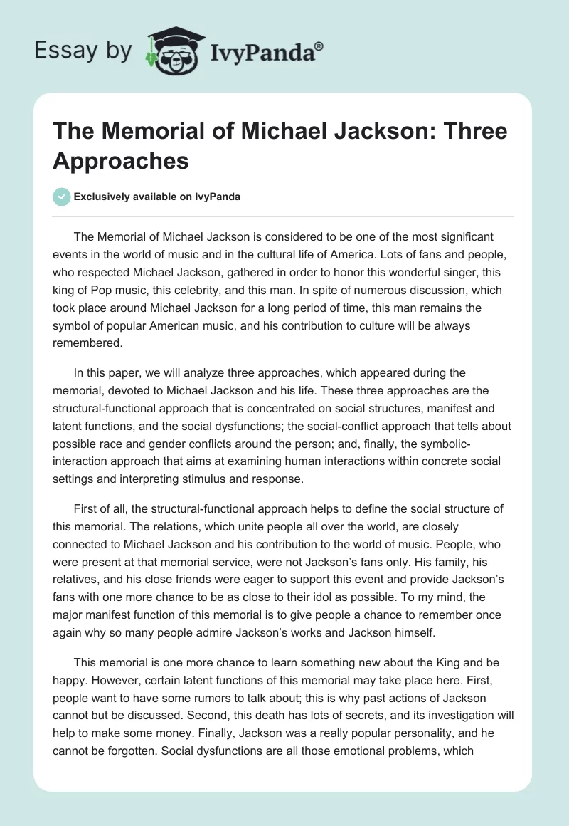 The Memorial of Michael Jackson: Three Approaches. Page 1