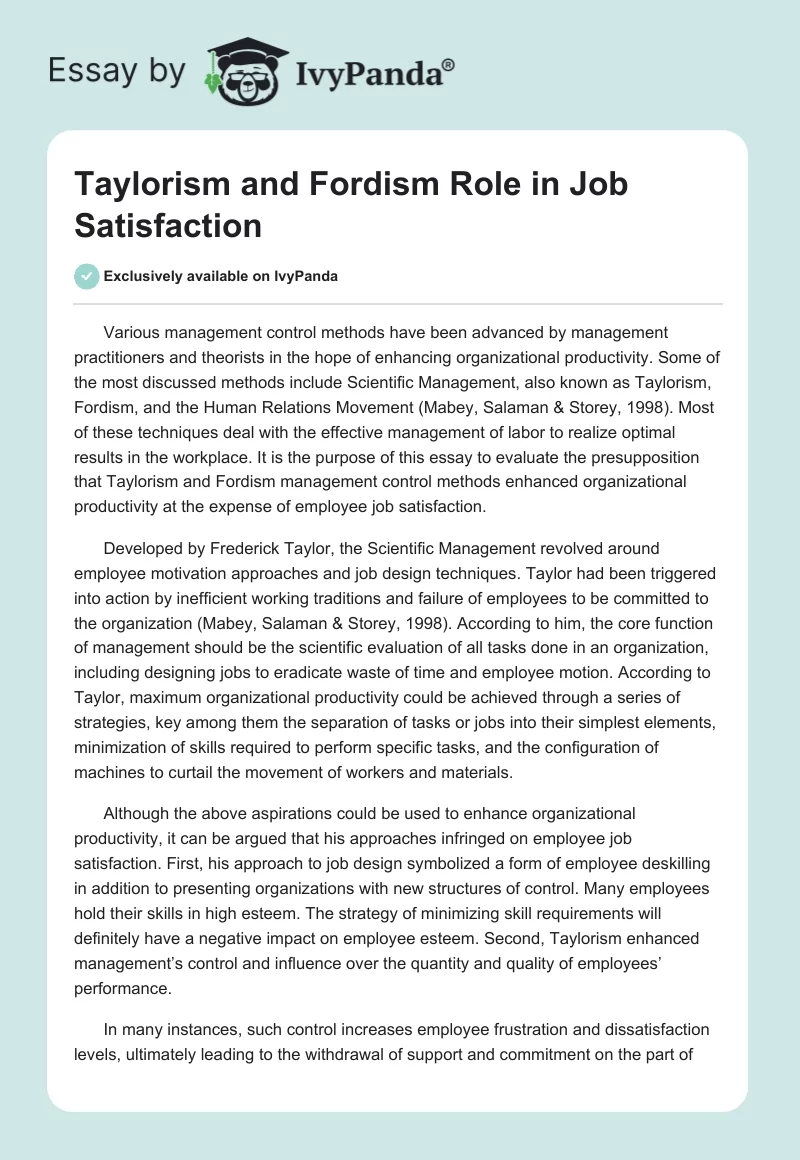 Taylorism and Fordism Role in Job Satisfaction. Page 1