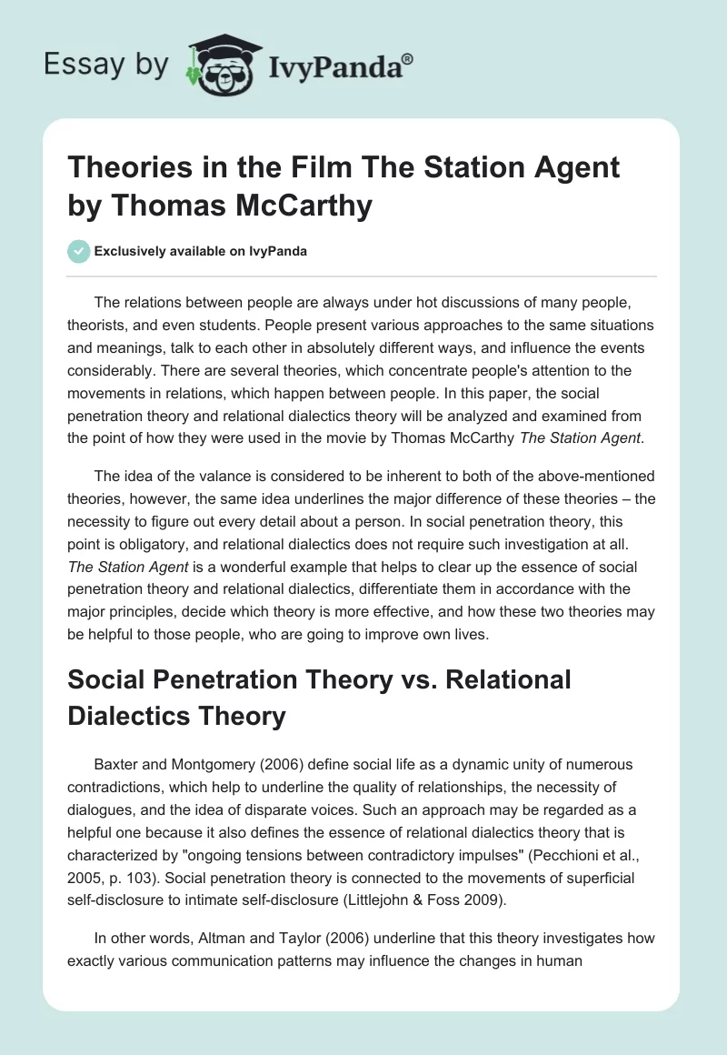 Theories in the Film "The Station Agent" by Thomas McCarthy. Page 1