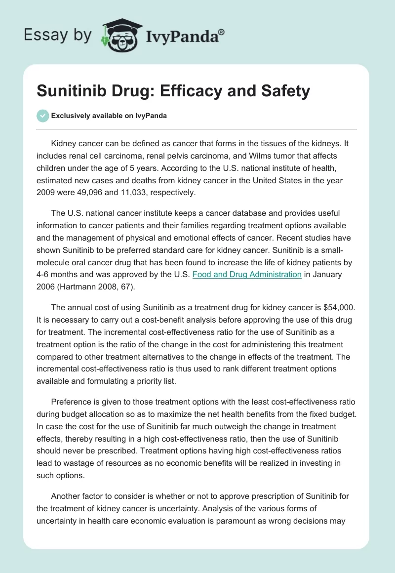 Sunitinib Drug: Efficacy and Safety. Page 1