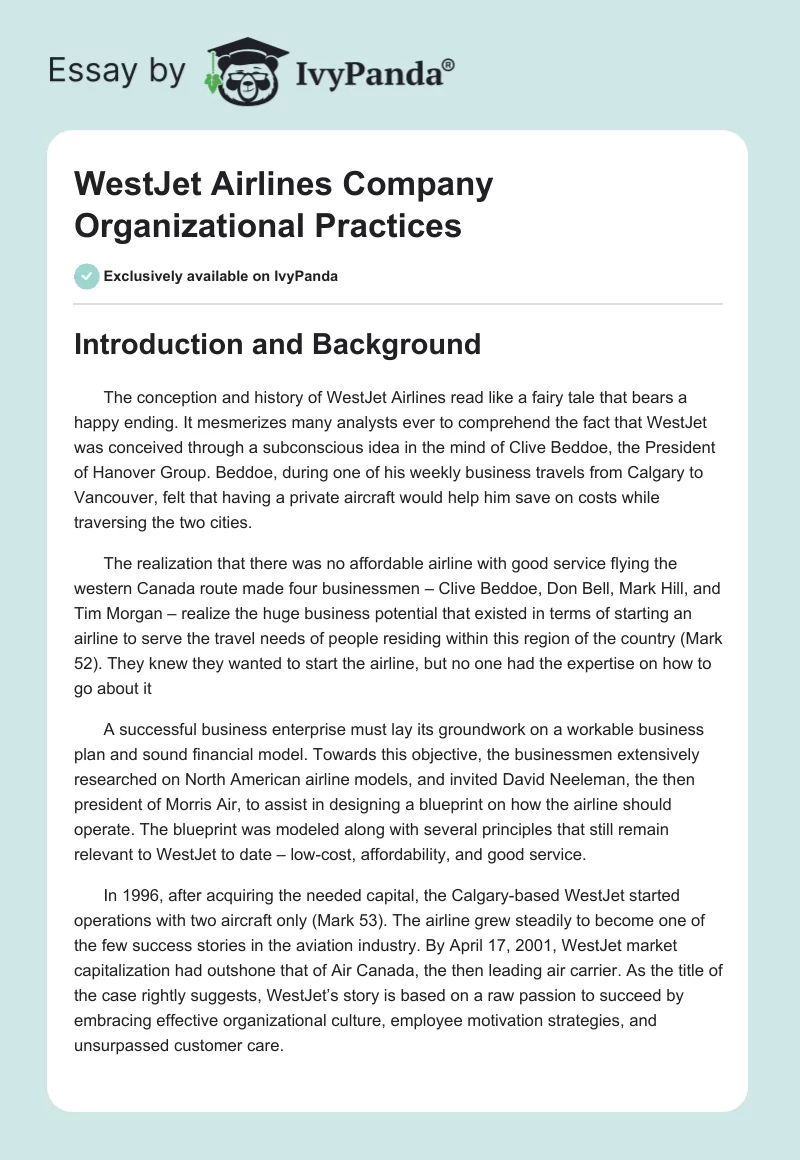 WestJet Airlines Company Organizational Practices. Page 1