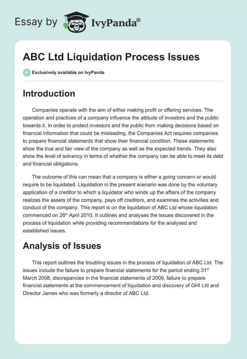 ABC Ltd Liquidation Process Issues. Page 1