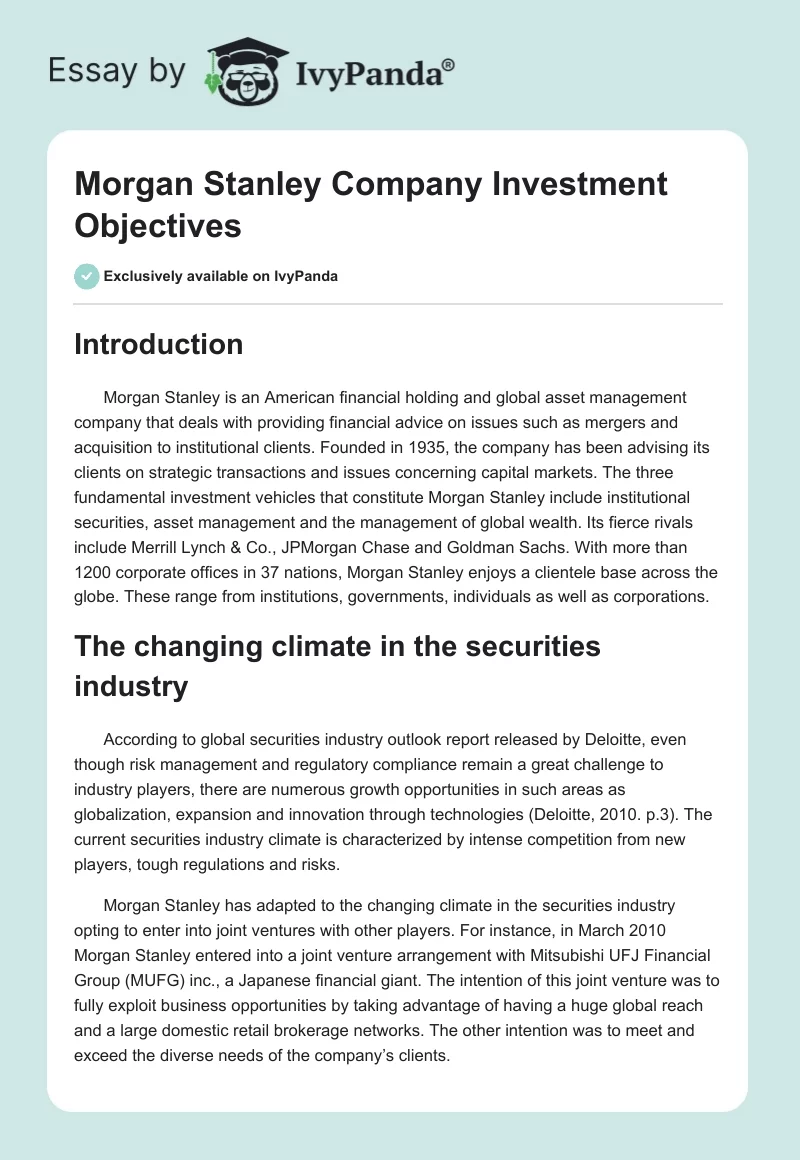 Morgan Stanley Company Investment Objectives. Page 1