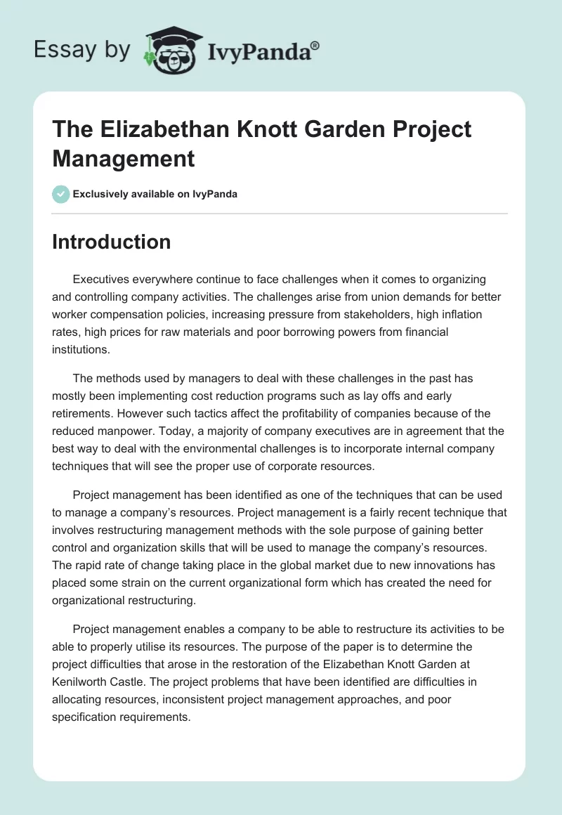 The Elizabethan Knott Garden Project Management. Page 1