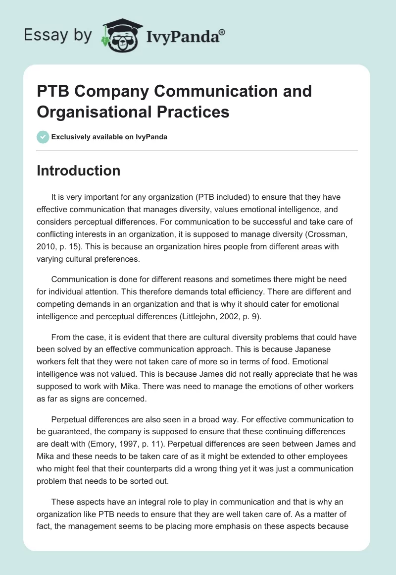 PTB Company Communication and Organisational Practices. Page 1