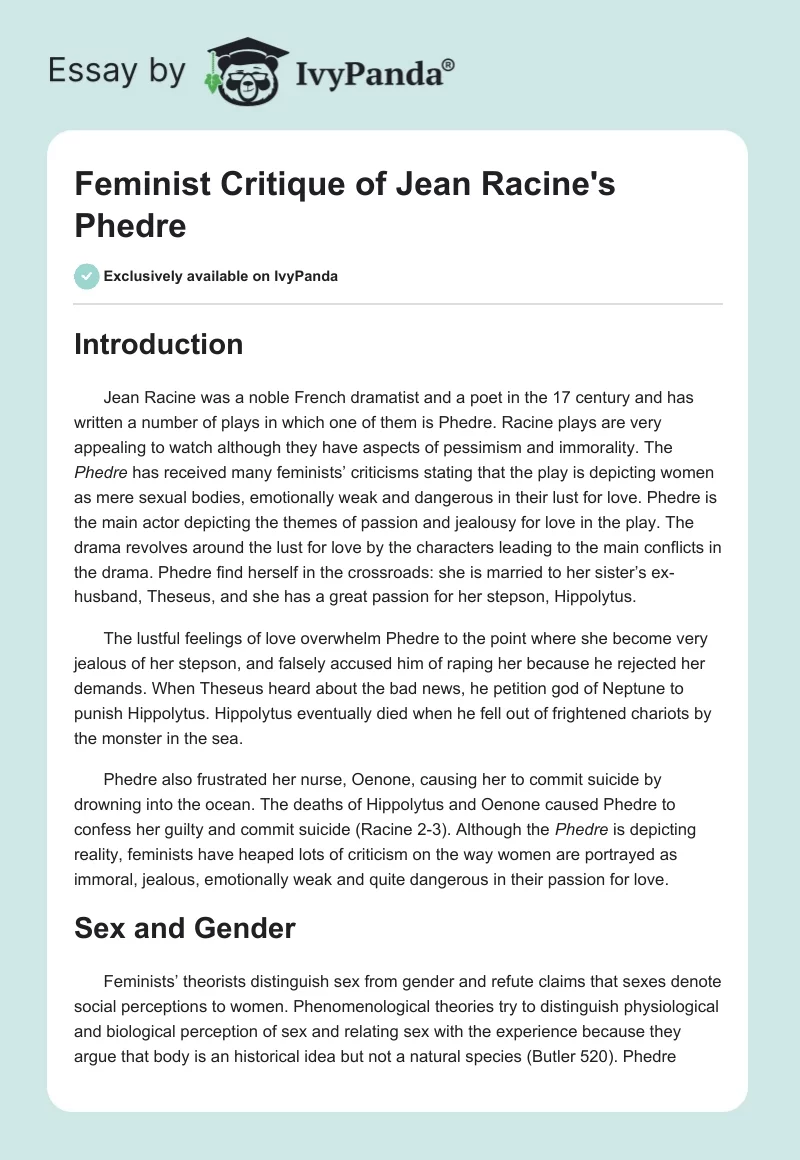 Feminist Critique of Jean Racine's "Phedre". Page 1