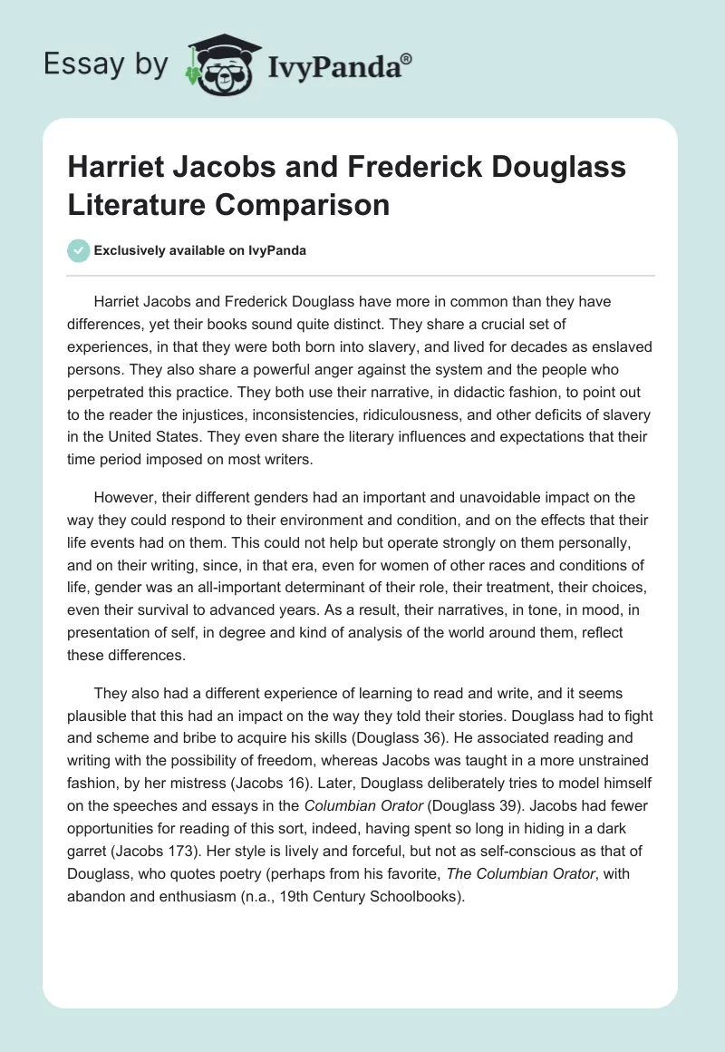Harriet Jacobs and Frederick Douglass Literature Comparison. Page 1