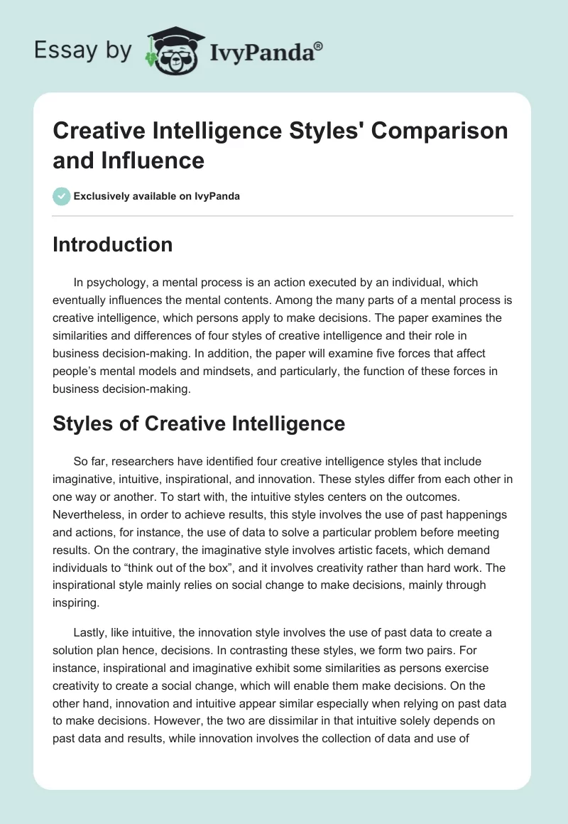 Creative Intelligence Styles' Comparison and Influence. Page 1