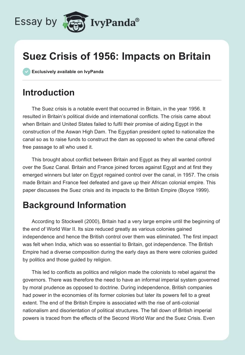 Suez Crisis of 1956: Impacts on Britain. Page 1