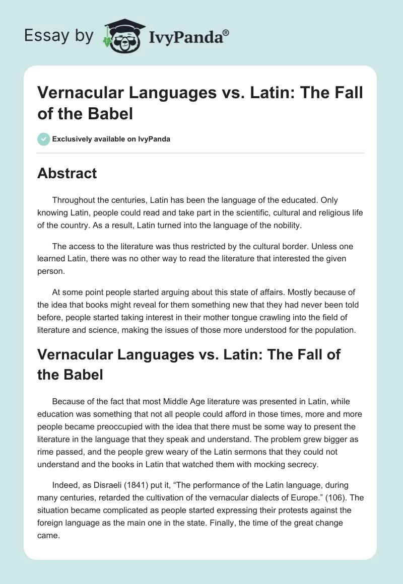 Vernacular Languages vs. Latin: The Fall of the Babel. Page 1