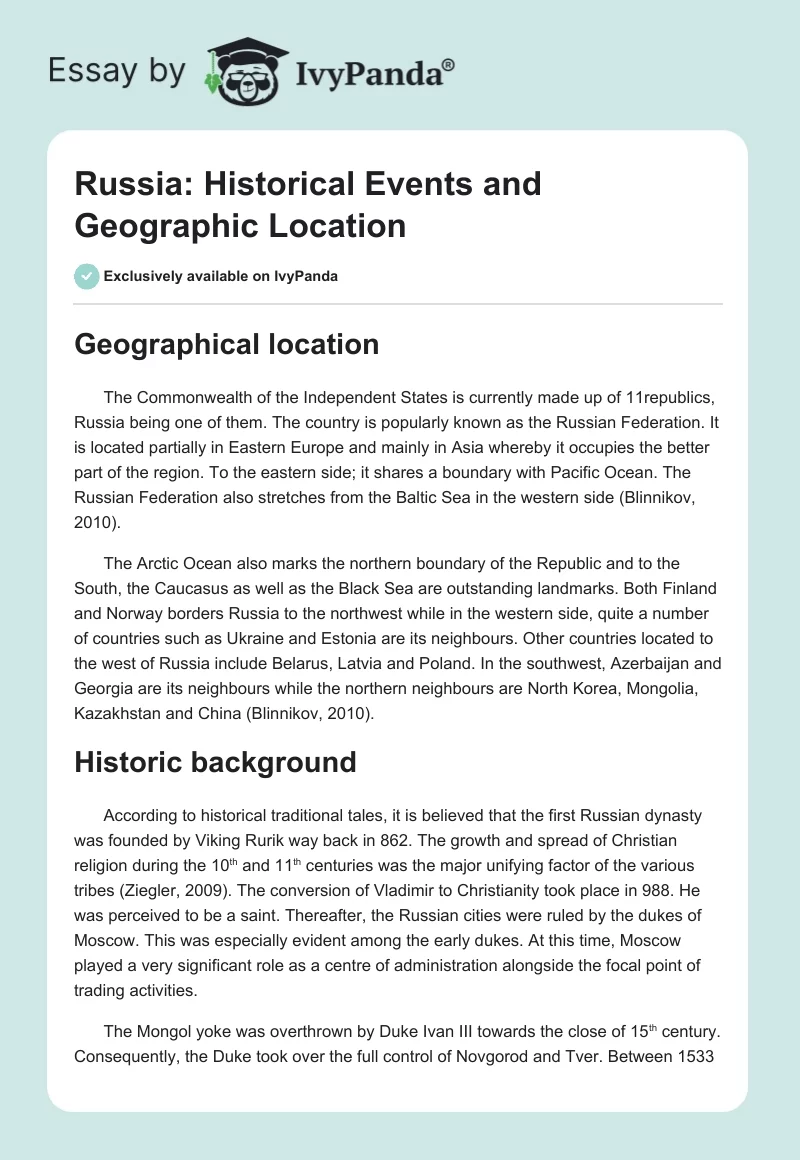 Russia: Historical Events and Geographic Location. Page 1