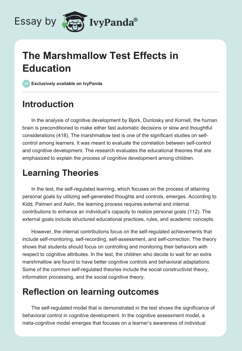 The Marshmallow Test Effects in Education. Page 1