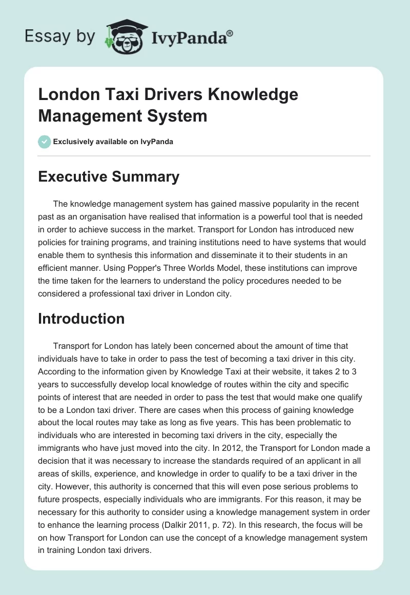 London Taxi Drivers Knowledge Management System. Page 1