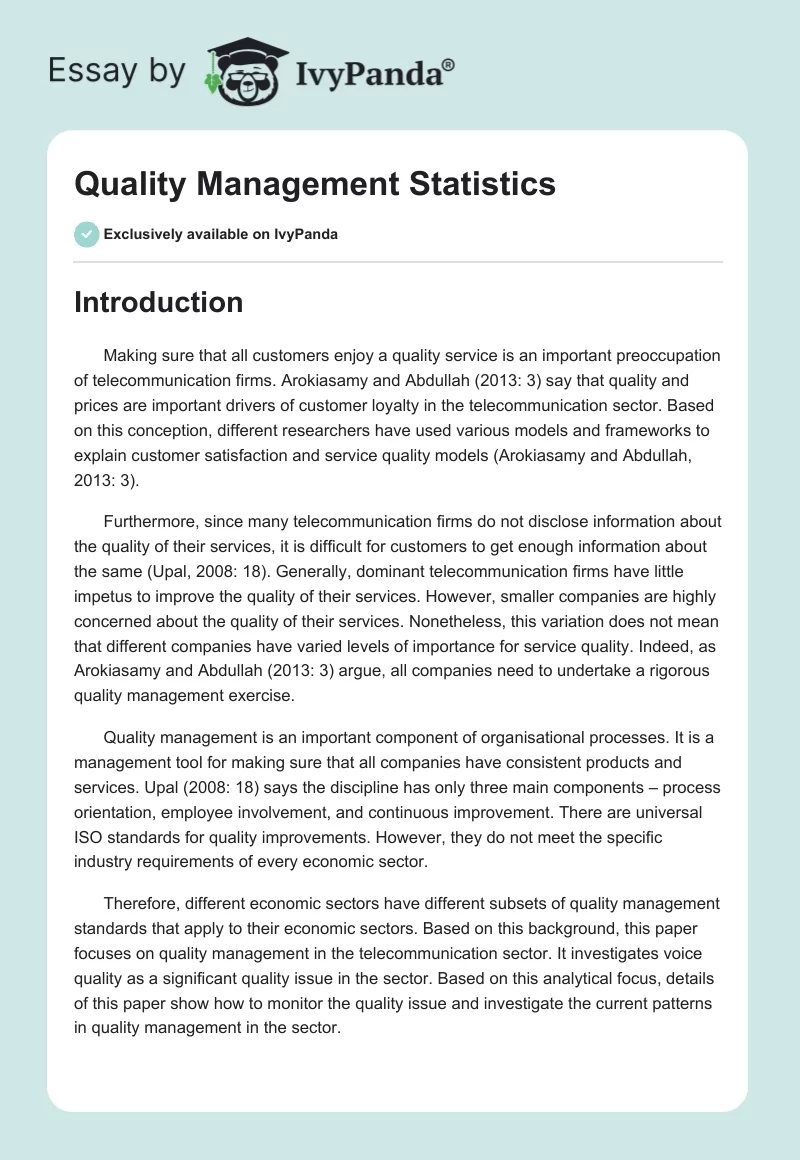 Quality Management Statistics. Page 1